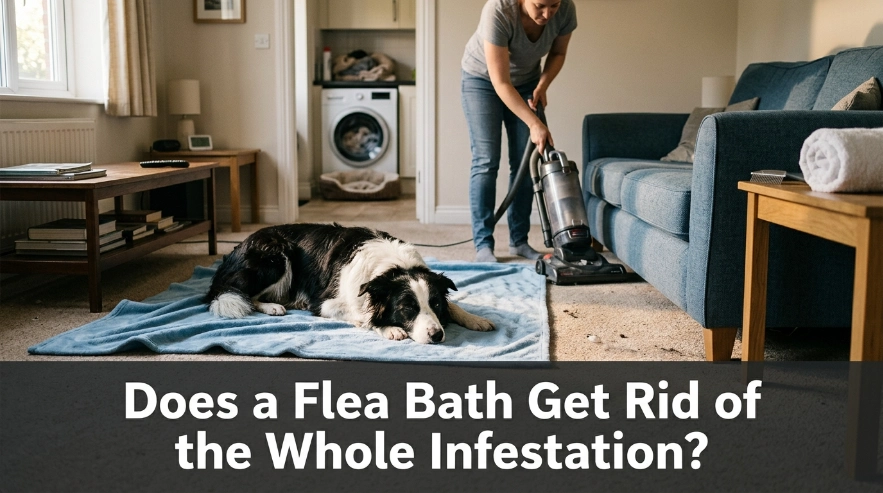 Owner vacuuming and washing bedding after a Border Collie flea bath
