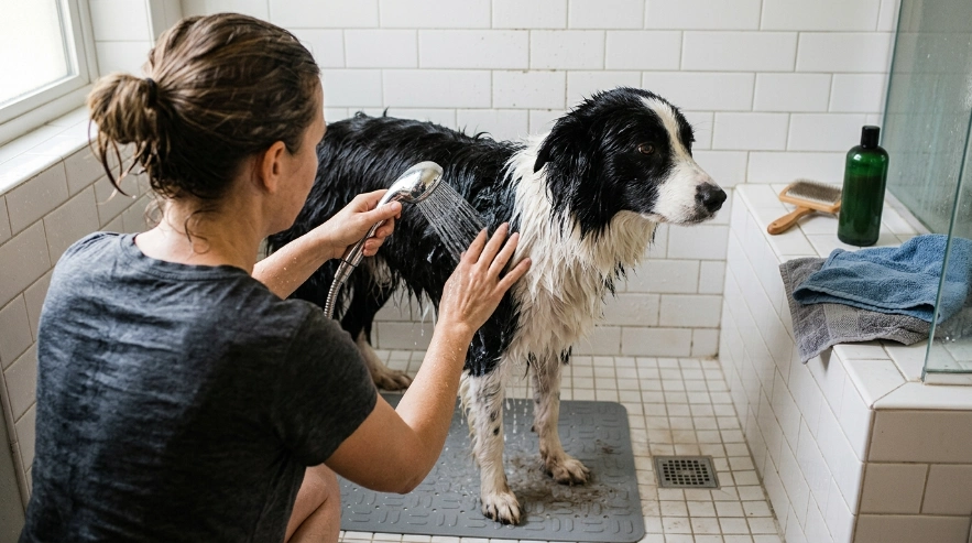 Owner rinsing a Border Collie's double coat in a walk-in shower without a bathtub