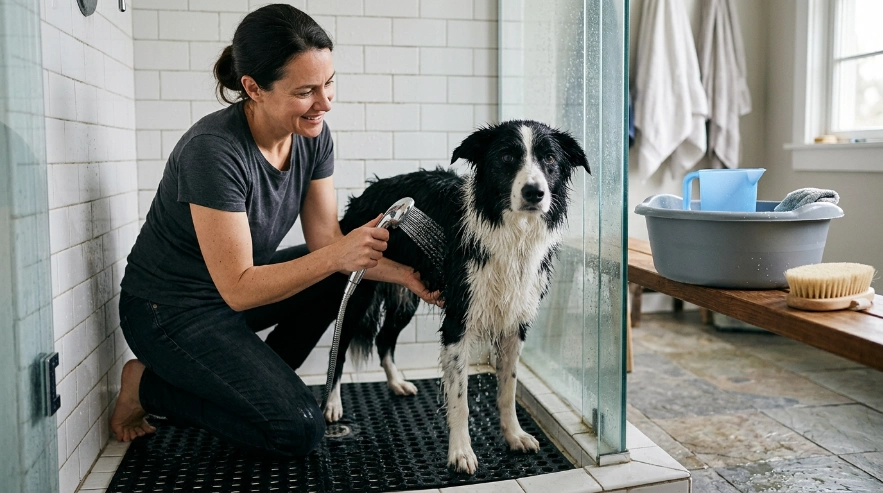 Border Collie standing on non-slip mat in a walk-in shower without a bathtub