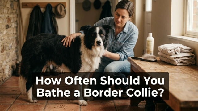 Owner checks a Border Collie’s coat to decide whether its six-to-eight-week bath is needed