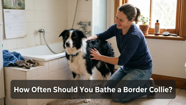 Owner checks a Border Collie's coat while planning a practical four-to-eight-week bathing schedule.