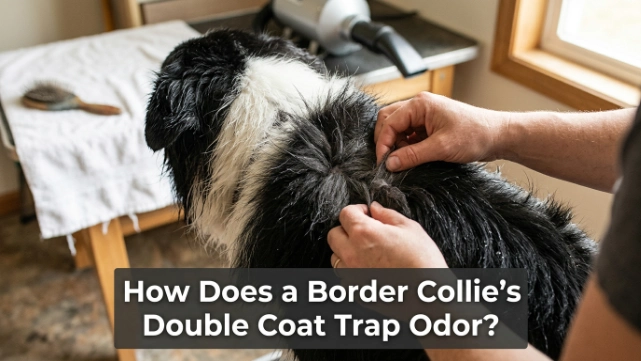 Owner parts a Border Collie’s fur to reveal moisture trapped beneath the dry outer coat.