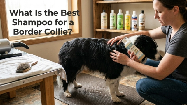 Owner choosing gentle fragrance-free shampoo for a rough-coated Border Collie