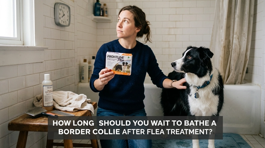 Owner checks flea-treatment timing before giving a Border Collie a bath