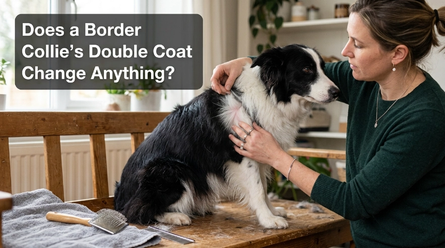 Owner parts a Border Collie's double coat to expose skin for topical flea treatment