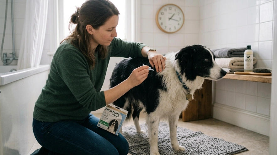 Owner checks flea treatment timing before giving a Border Collie a bath.