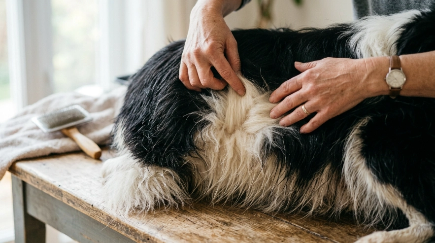 Close-up of a Border Collie's outer coat and dense undercoat during grooming.