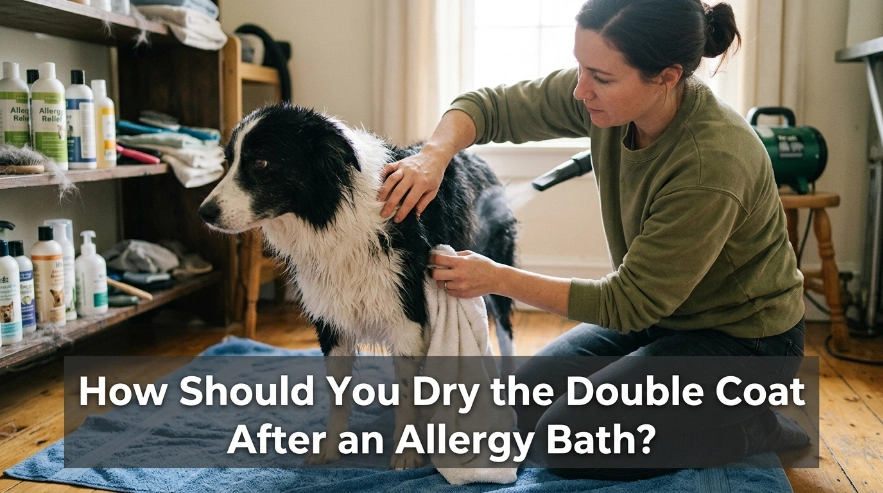 Owner towel-drying a Border Collie's dense undercoat and checking for hidden moisture.