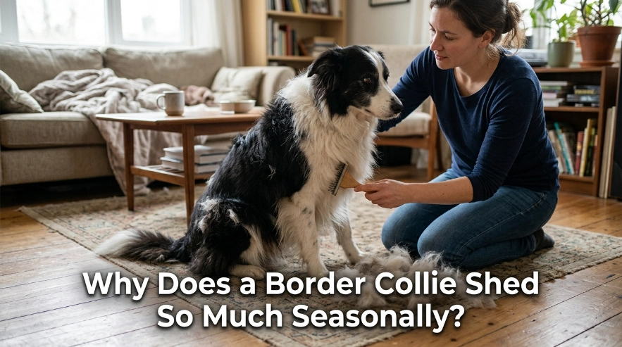Border Collie shedding heavily while owner brushes loose seasonal undercoat from its double coat.