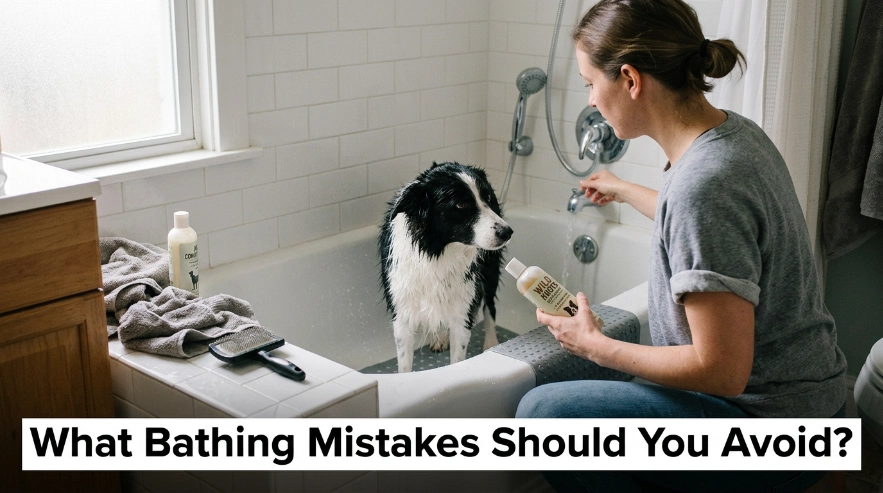 Owner preparing a safe Border Collie bath while avoiding common shedding-season grooming mistakes.