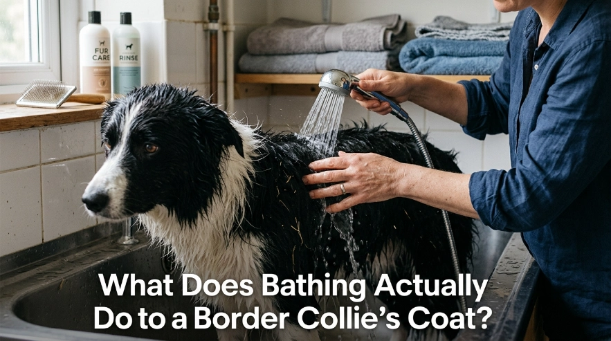 Border Collie being rinsed as dirt and loose undercoat wash from the dense double coat