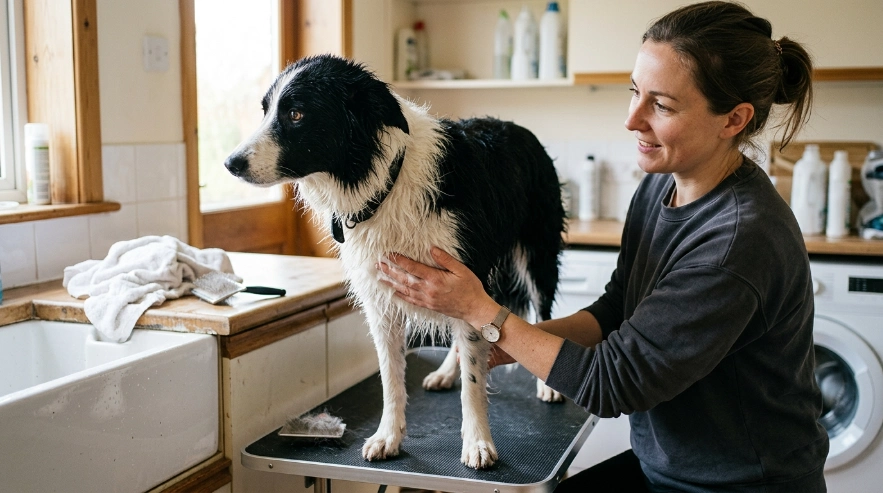 Border Collie receiving conditioner after shampoo during a practical home grooming session.