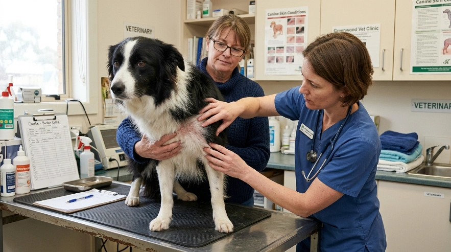 Veterinarian examining a Border Collie's irritated skin beneath the coat during a clinical check.