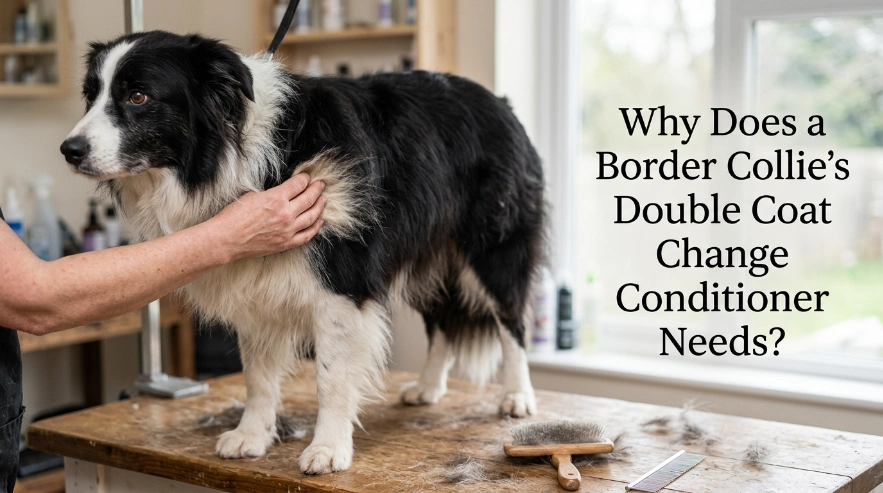 Close-up showing a Border Collie's outer coat and dense undercoat during grooming
