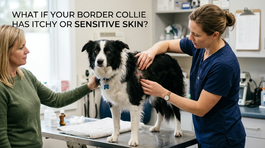 Veterinarian checking a Border Collie's coat and skin for irritation