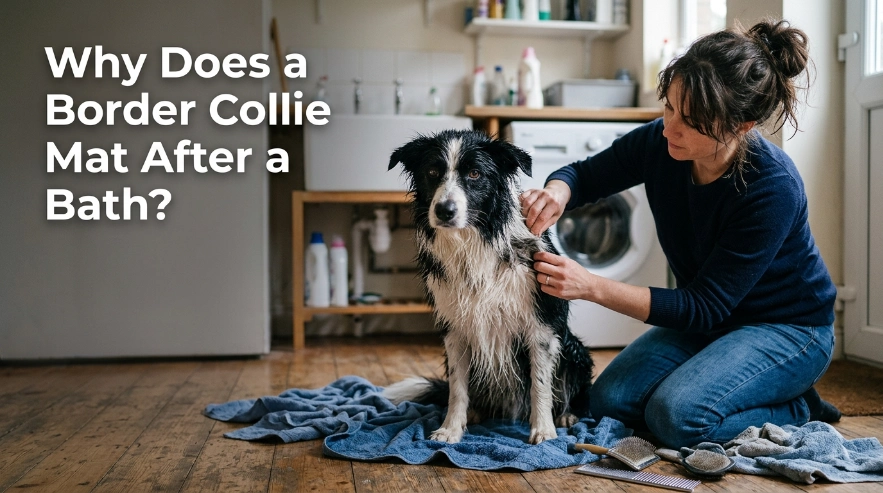 Damp Border Collie coat showing loose undercoat and small tangles after a bath.
