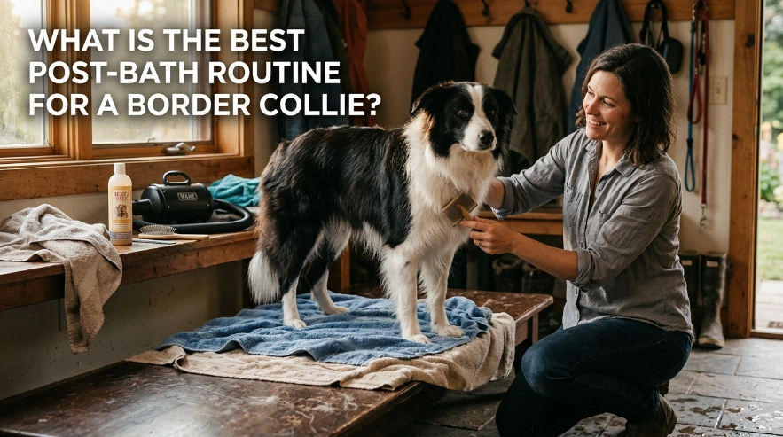 Owner applying a tiny amount of coconut oil to a Border Collie after bathing.
