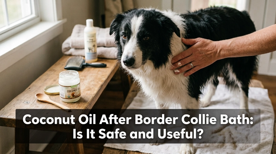 Owner drying and brushing a Border Collie during a healthy post-bath grooming routine.