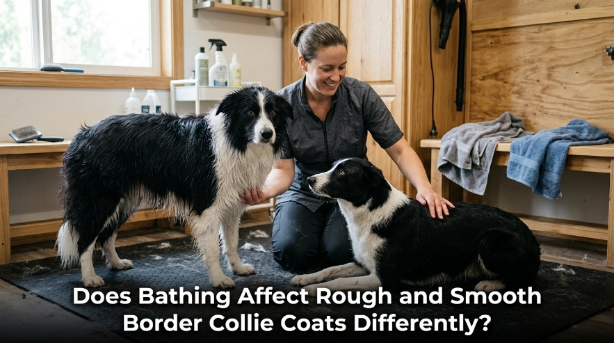 Slicker, pin brush, undercoat rake, and metal comb beside a groomed Border Collie.