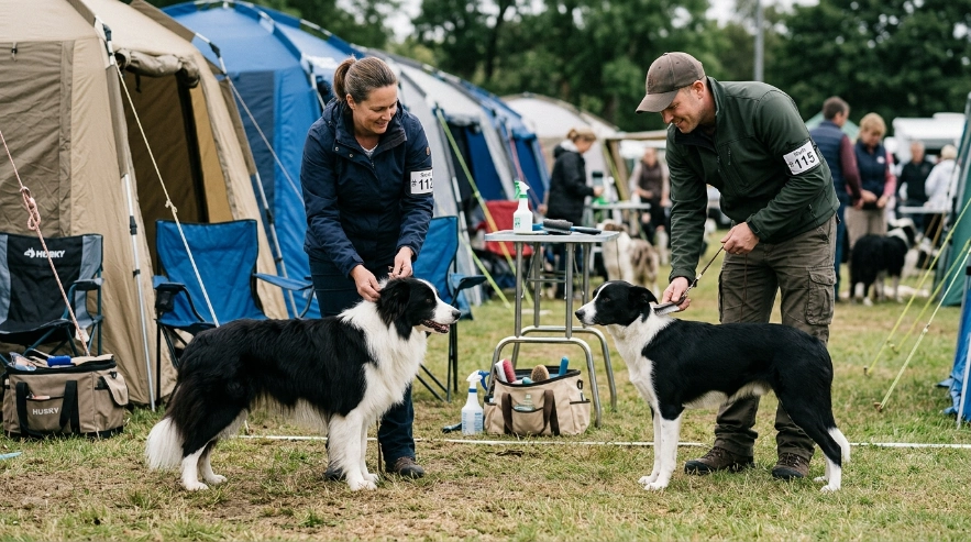 Rough-coated and smooth-coated Border Collies compared for dog show grooming preparation.
