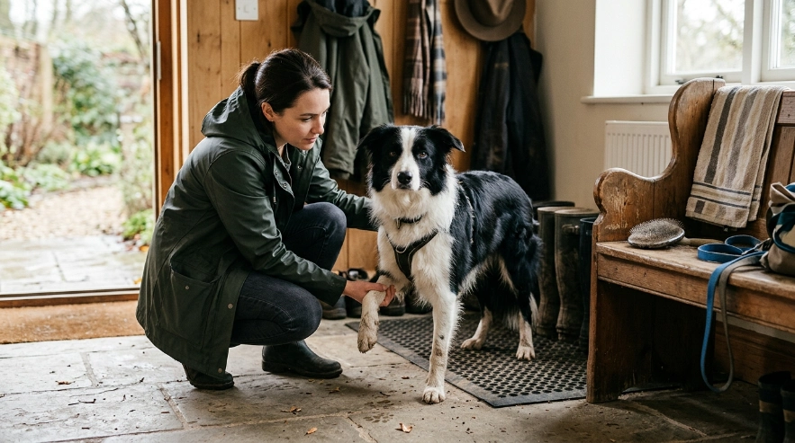 Owner checks a Border Collie's coat to decide whether bathing is needed.