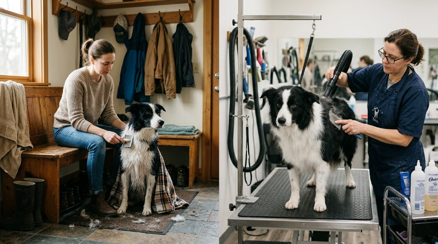 Comparison of home Border Collie bathing and professional grooming salon coat care.