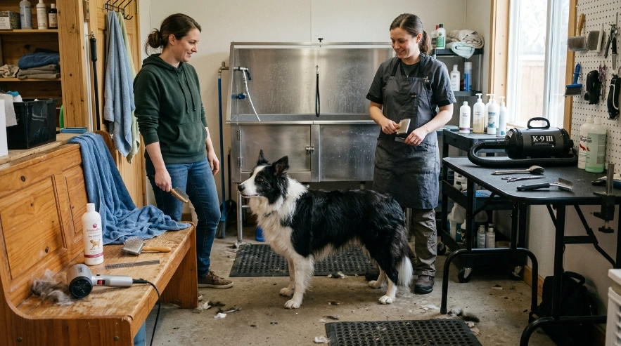 Border Collie beside home grooming tools and professional salon equipment.