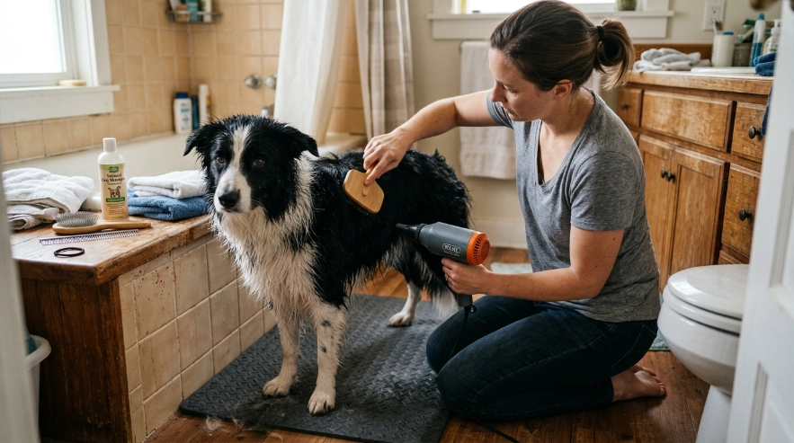 Owner brushing and drying a Border Collie properly after a home bath.