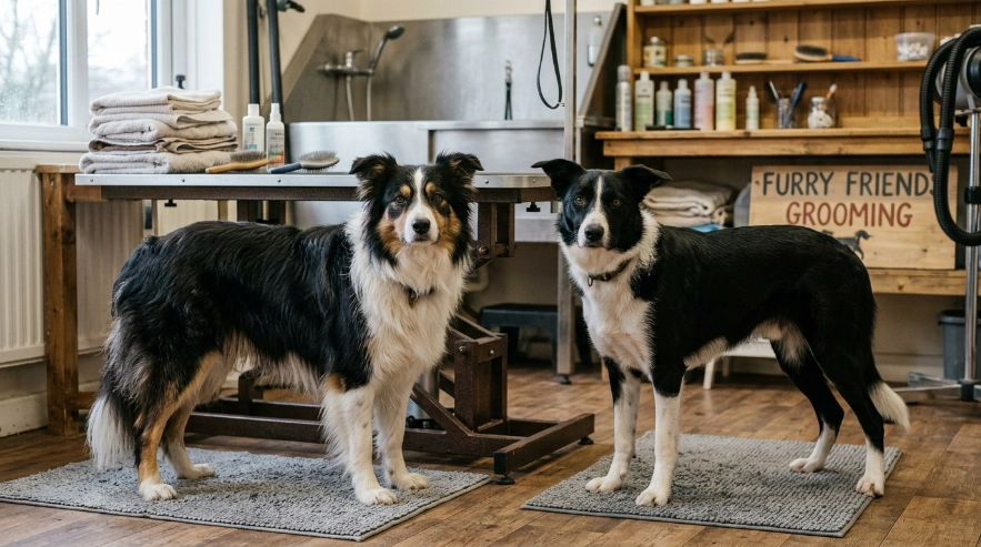 Rough-coat and smooth-coat Border Collies compared for bathing and grooming care.