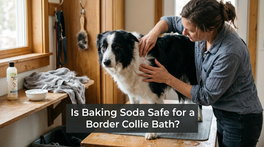 Owner inspecting Border Collie skin before deciding whether a baking soda bath is safe