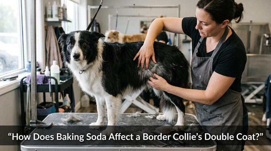 Groomer parting a Border Collie double coat to show where baking soda residue may hide