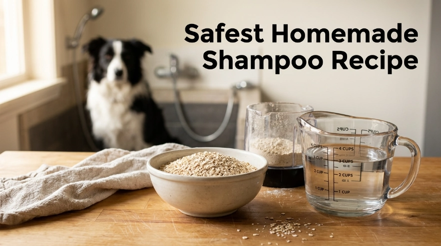 Ground oatmeal and lukewarm water prepared as a simple homemade Border Collie wash.