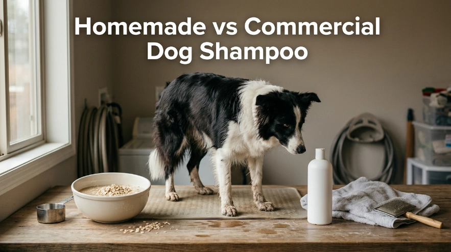 Homemade oatmeal wash and commercial dog shampoo compared beside a Border Collie.