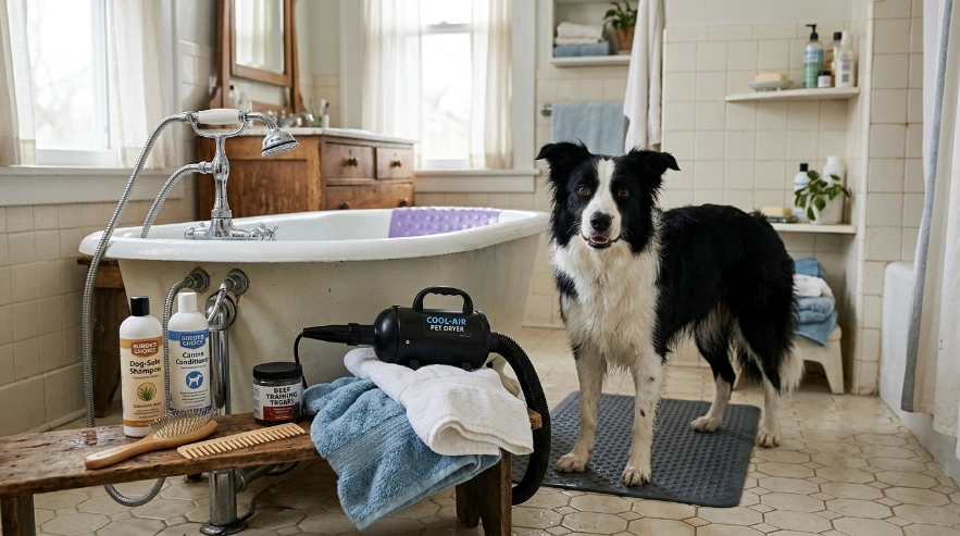 Border Collie bath supplies including dog shampoo, brush, towels, non-slip mat and dryer