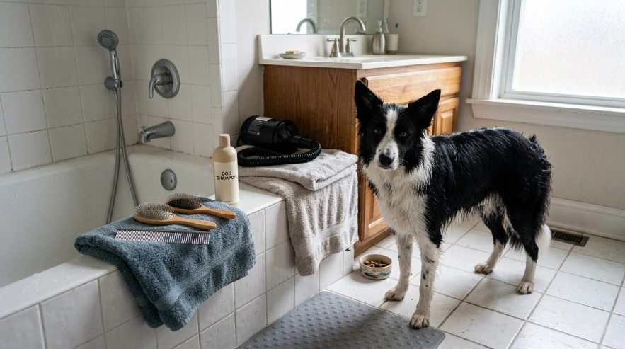 Muddy Border Collie getting a targeted water-only rinse on paws and belly