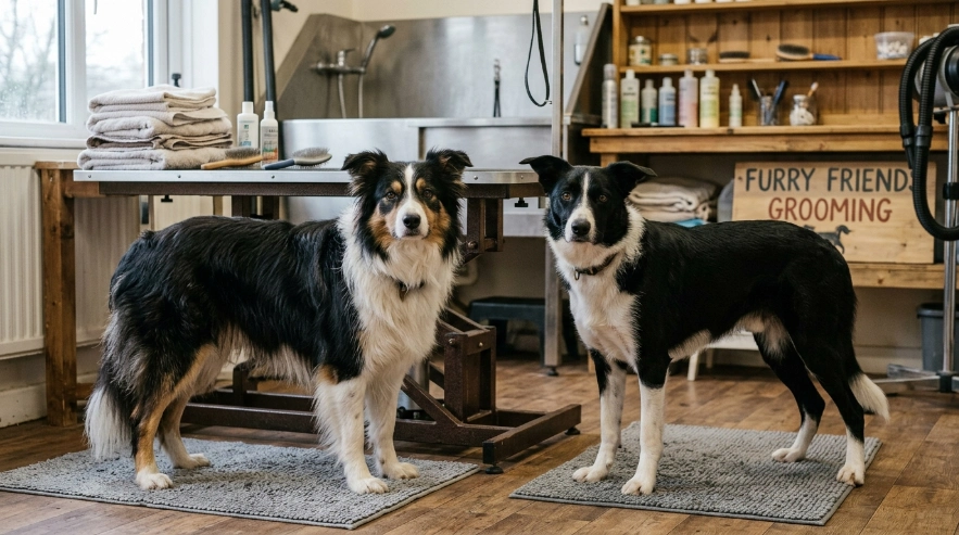 Owner towel-drying a Border Collie's dense double coat after a water-only bath