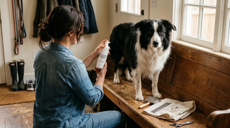 Owner choosing dog-specific waterless shampoo for a Border Collie's double coat