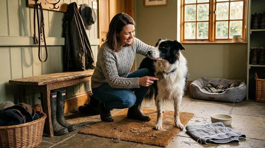 Owner brushing a Border Collie and cleaning paws between full baths