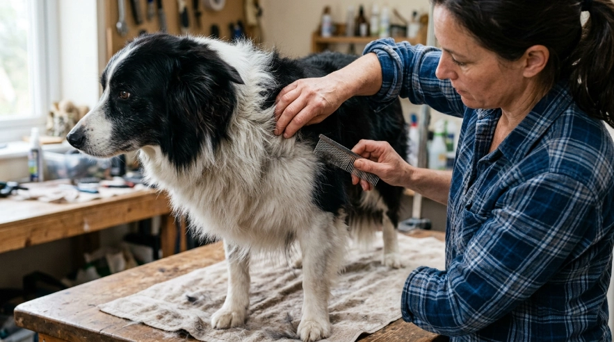 Close-up of a Border Collie's rough double coat showing dense undercoat beneath outer fur