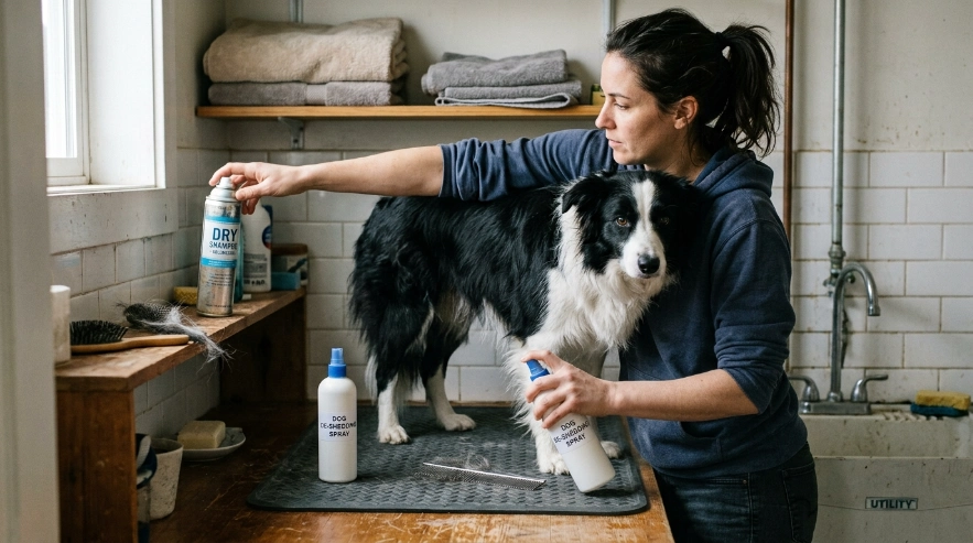 Owner choosing dog-specific dry shampoo instead of human hair products for a Border Collie