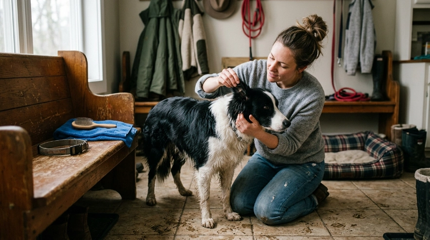 Owner inspecting Border Collie ears and coat to find the source of odor.