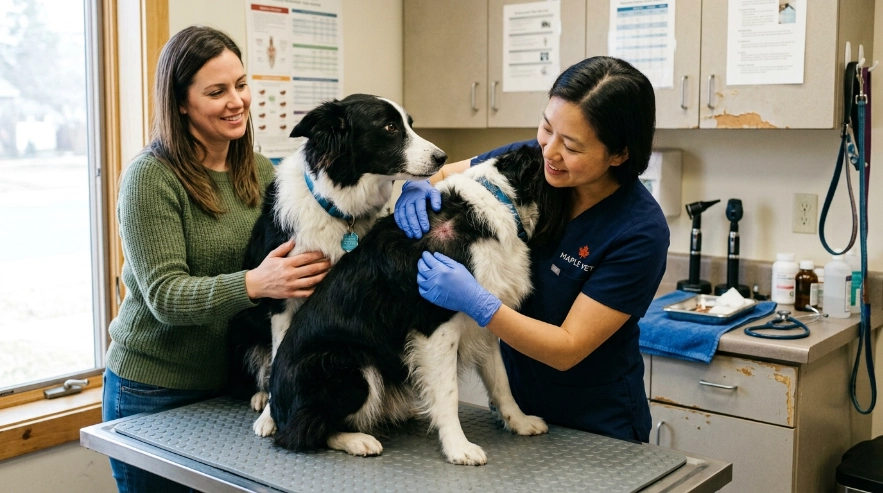 Veterinarian checking a Border Collie's skin for causes of persistent odor.