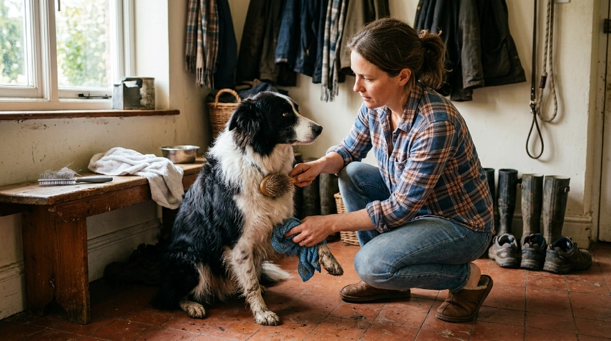 Owner brushing and spot-cleaning a Border Collie during a between-bath grooming routine.