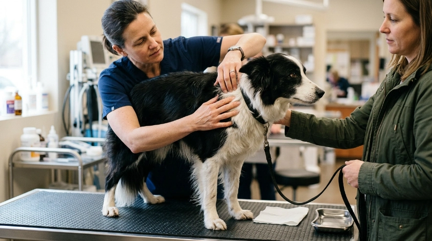 Veterinarian examining a Border Collie's skin and ear after persistent unusual coat odor