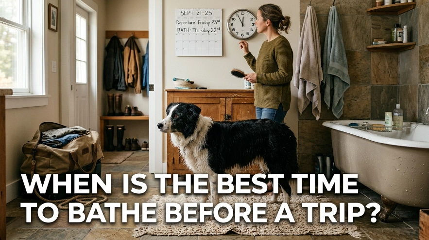 Border Collie pre-travel bath planned 24 to 48 hours before departure