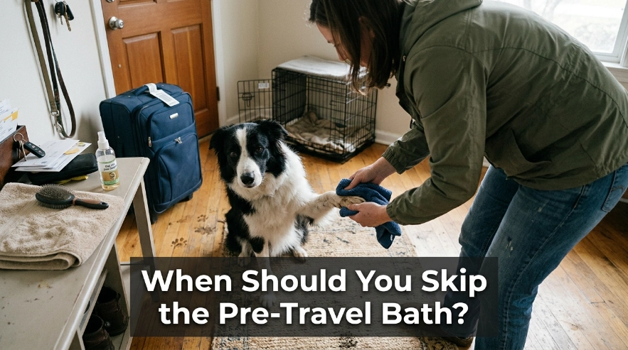 Owner spot-cleaning a Border Collie instead of giving a rushed pre-travel bath