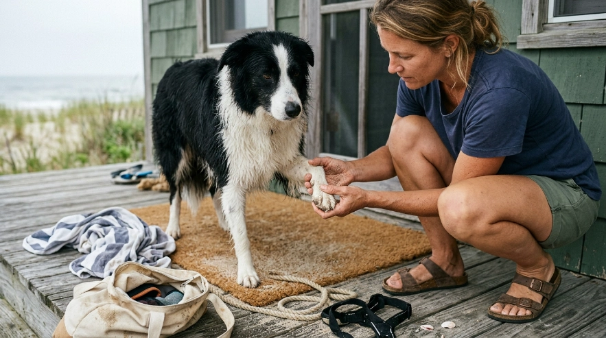 Owner checks a Border Collie's sandy paws and coat before a post-beach bath.