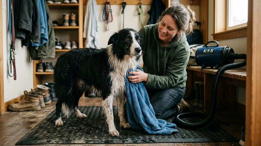 Border Collie being towel-dried after a beach bath to remove moisture from the double coat