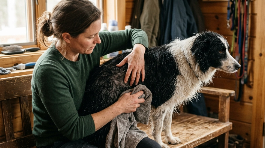 Owner checking a Border Collie's damp double coat and undercoat after a post-camping bath
