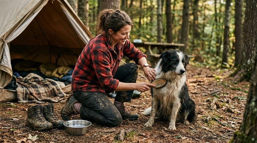 Owner brushing a dusty Border Collie after camping instead of giving an unnecessary full bath